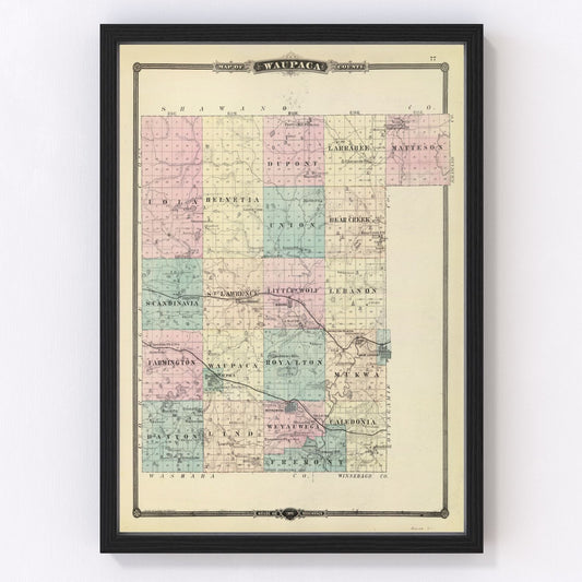 Vintage map of Waupaca County, Wisconsin, 1878, Chain O Lakes and townships