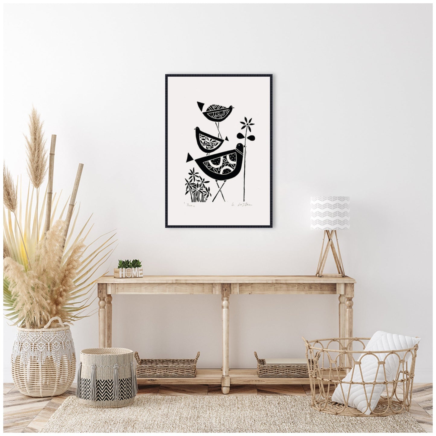 Folk Bird Family Trio Linocut Framed Canvas Wall Art