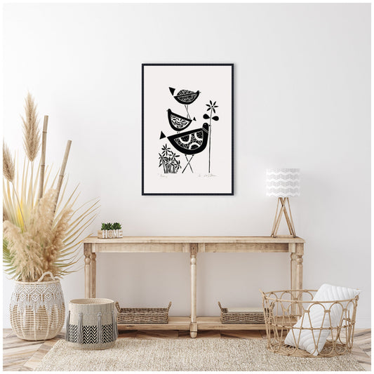 Folk Bird Family Trio Linocut Framed Canvas Wall Art
