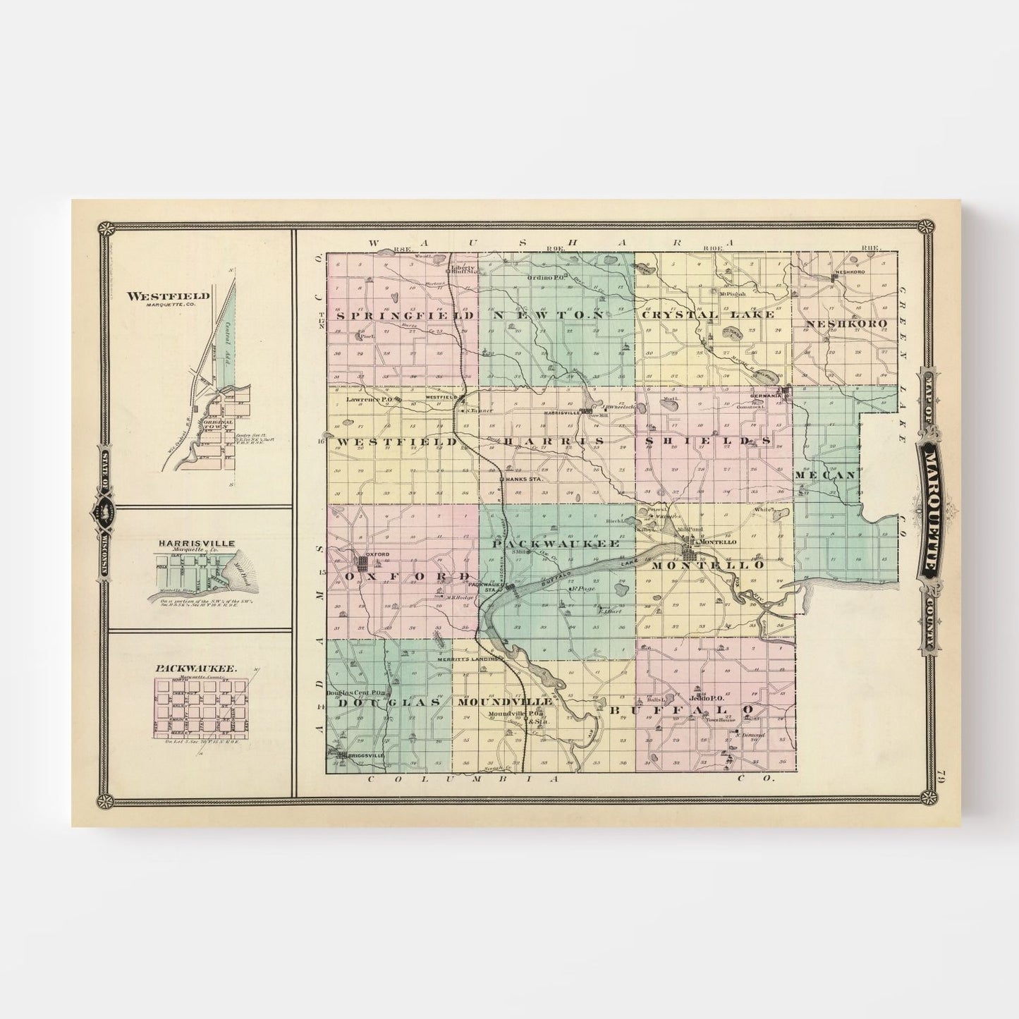 Vintage Map of Marquette County, Wisconsin, 1878