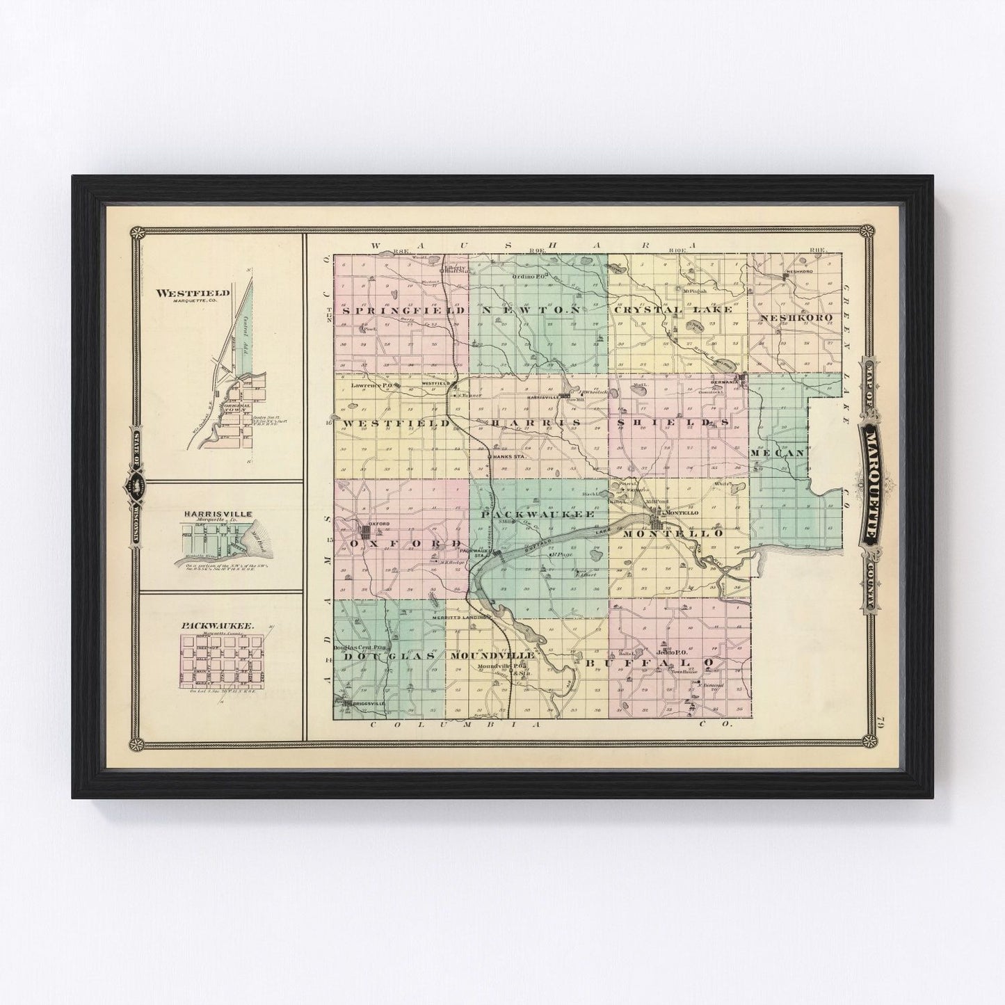 Vintage map of Marquette County, Wisconsin, 1878