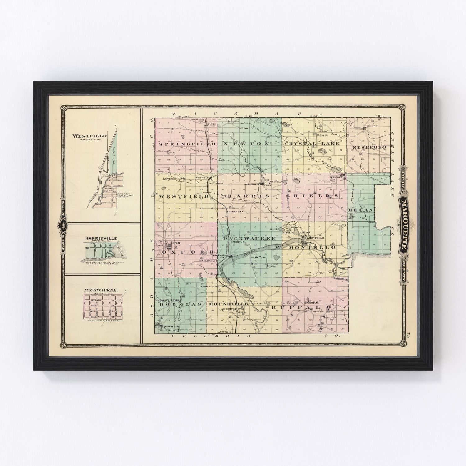 Vintage map of Marquette County, Wisconsin, 1878