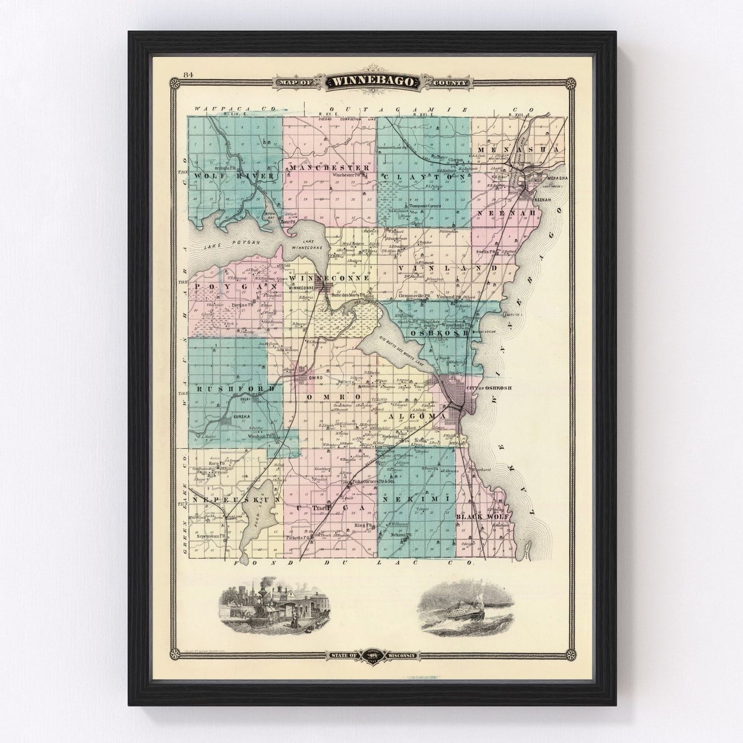 Vintage map of Winnebago County, Wisconsin, 1878, Lake Winnebago, restored print