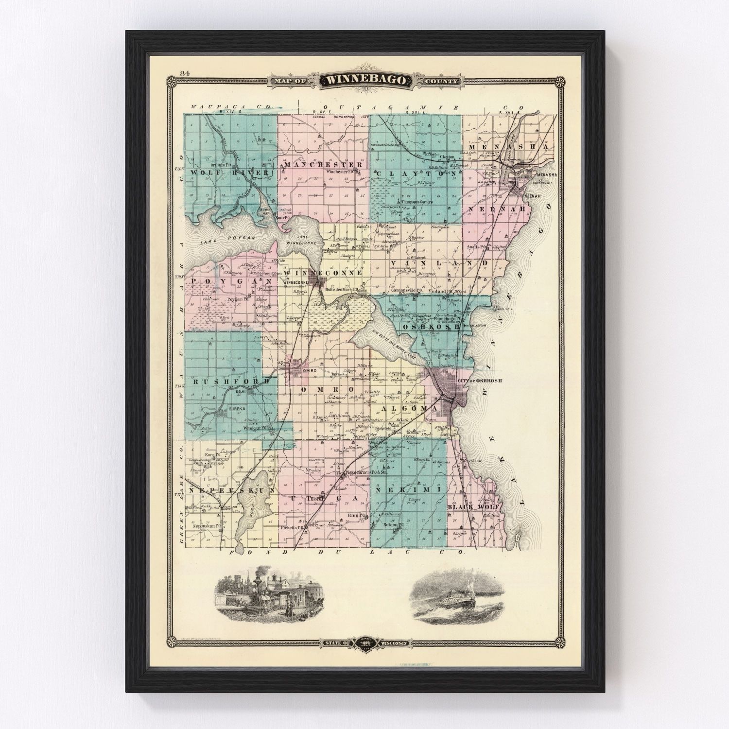 Vintage map of Winnebago County, Wisconsin, 1878, Lake Winnebago, restored print