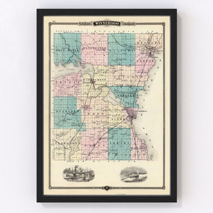 Vintage map of Winnebago County, Wisconsin, 1878, Lake Winnebago, restored print