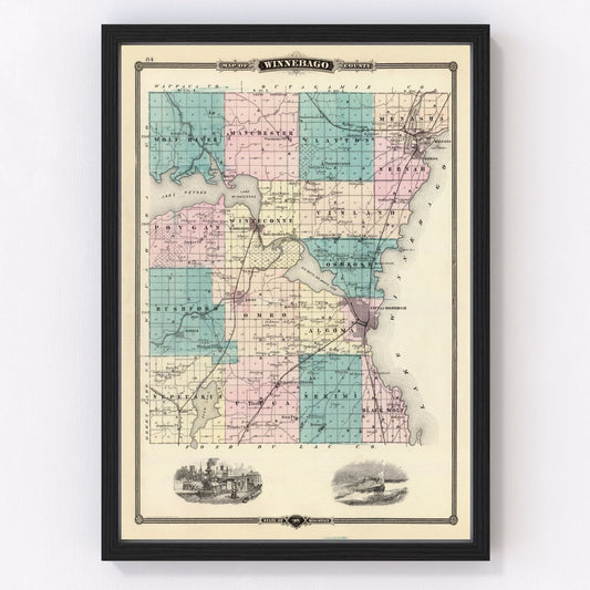 Vintage map of Winnebago County, Wisconsin, 1878, Lake Winnebago, restored print