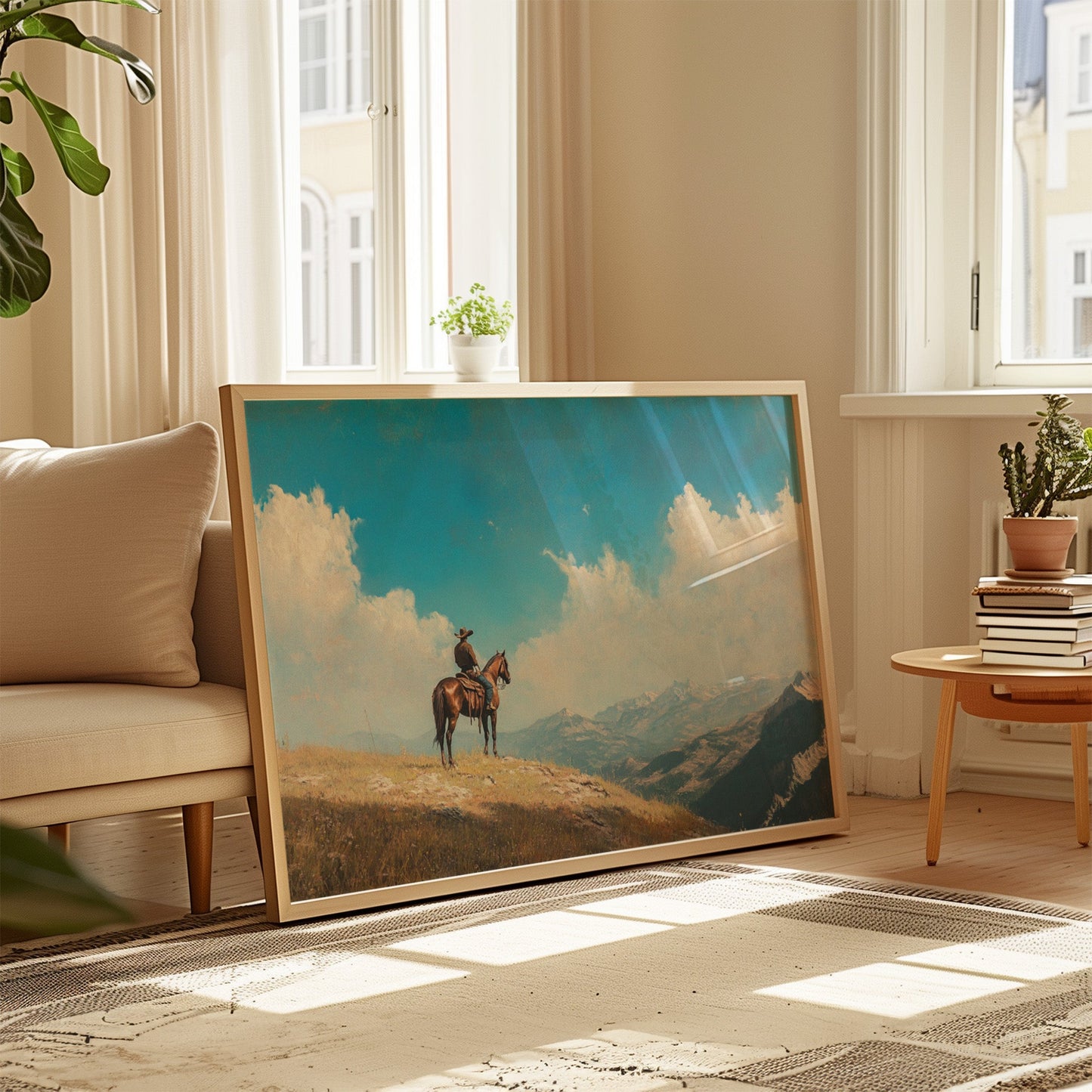 Lone Cowboy on Horseback Western Mountain Print