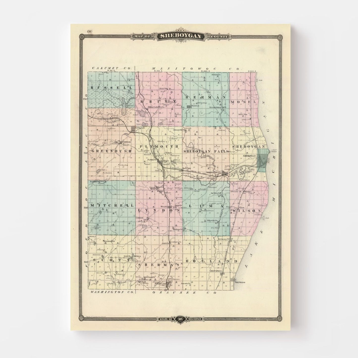 Vintage Map of Sheboygan County, Wisconsin, 1878