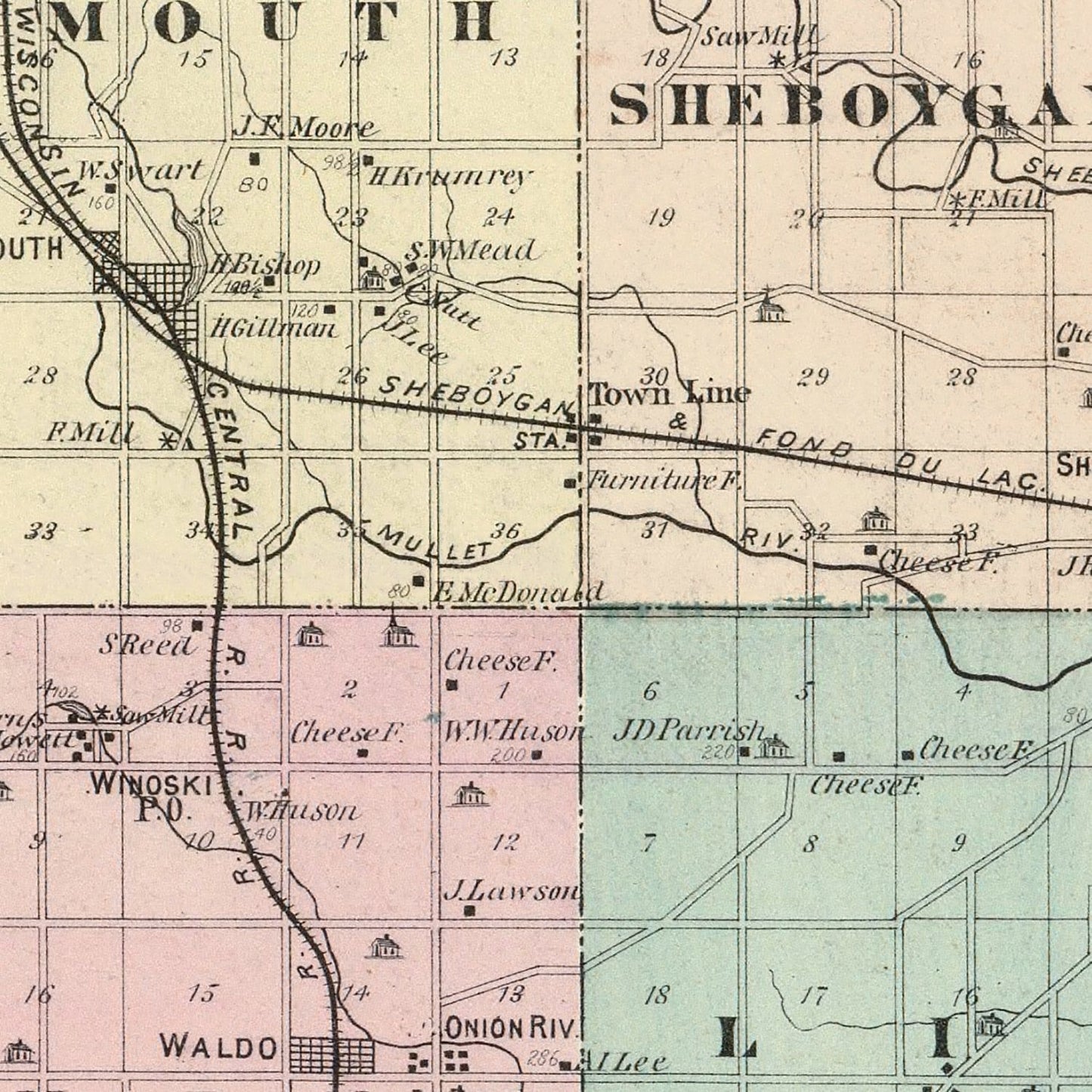 Vintage Map of Sheboygan County, Wisconsin, 1878