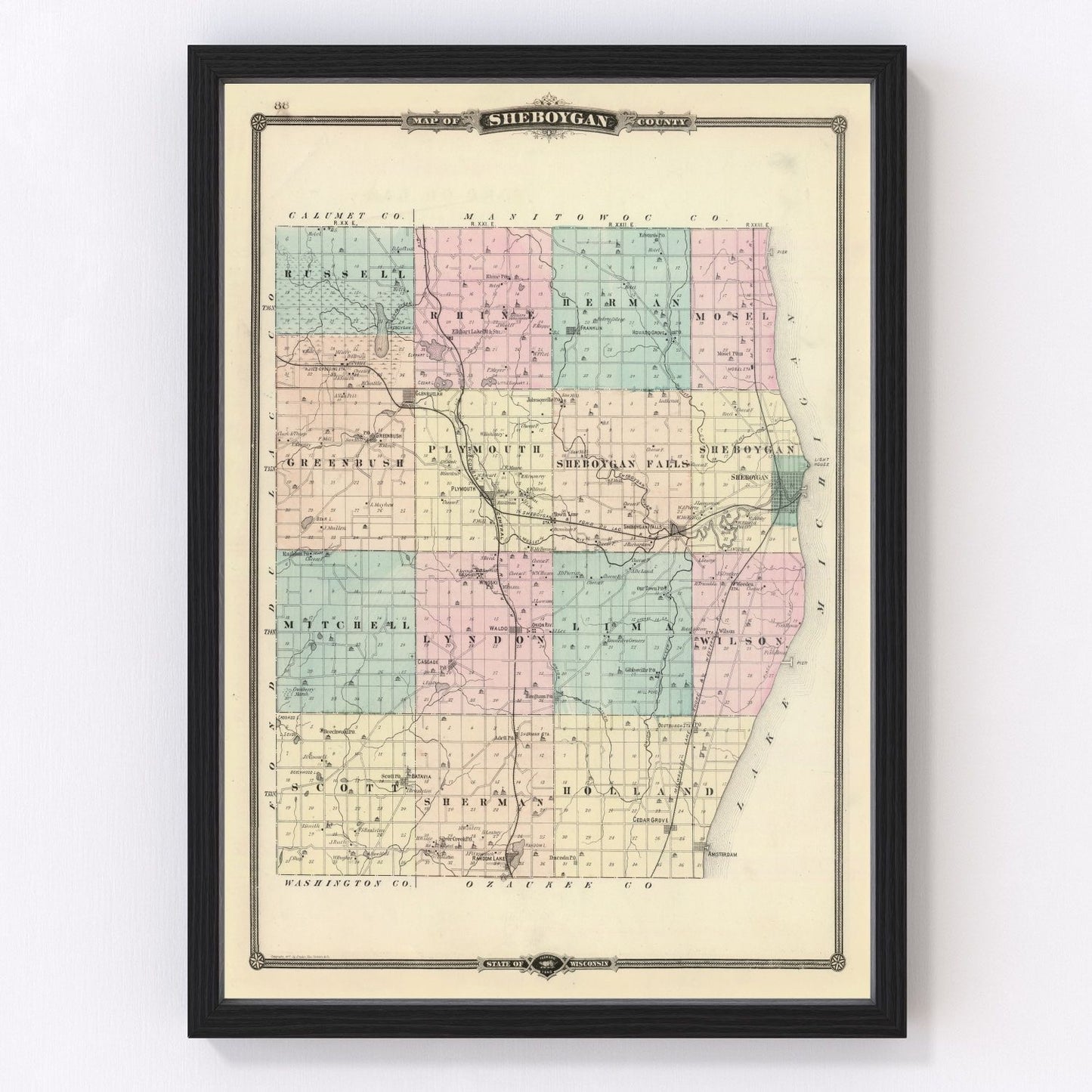 Vintage map of Sheboygan County, Wisconsin, 1878