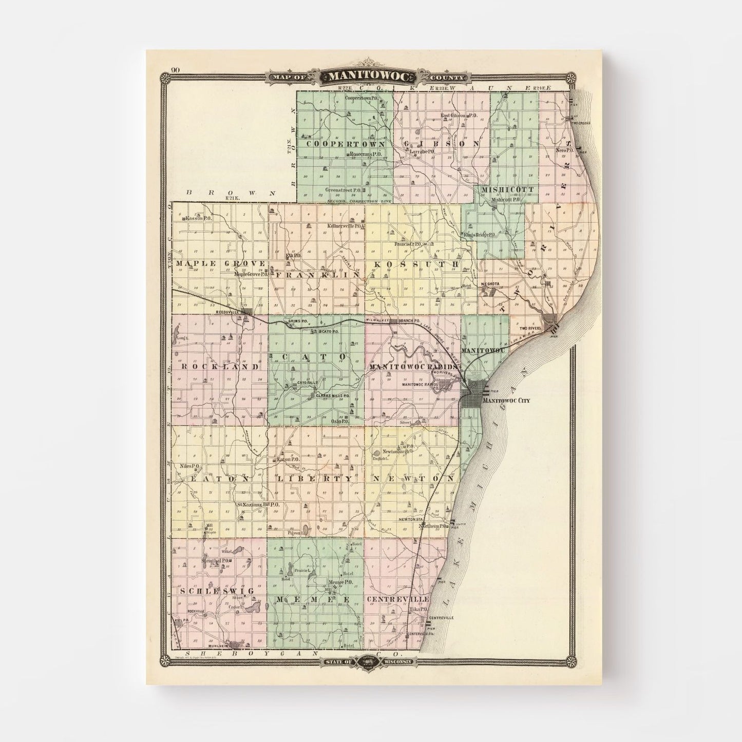 Vintage Map of Manitowoc County, Wisconsin, 1878