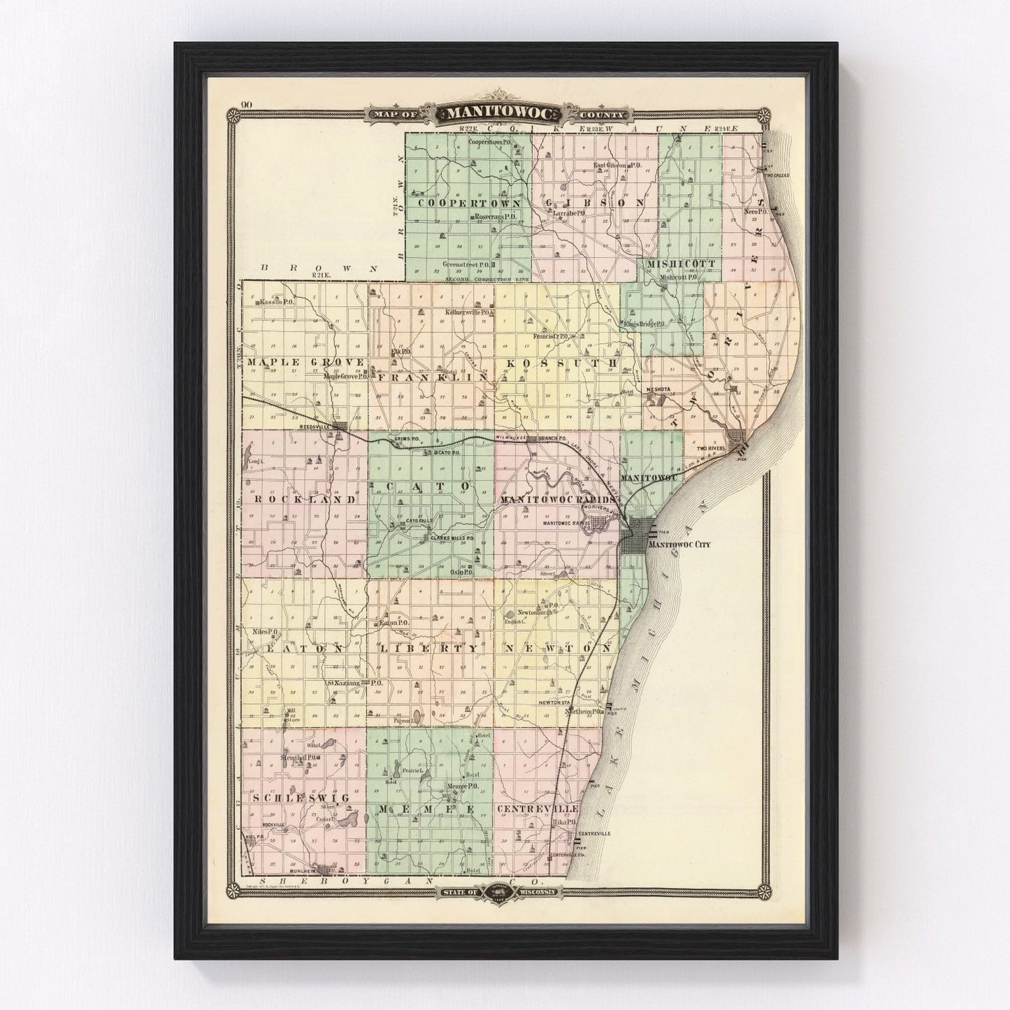 Vintage map of Manitowoc County, Wisconsin, 1878