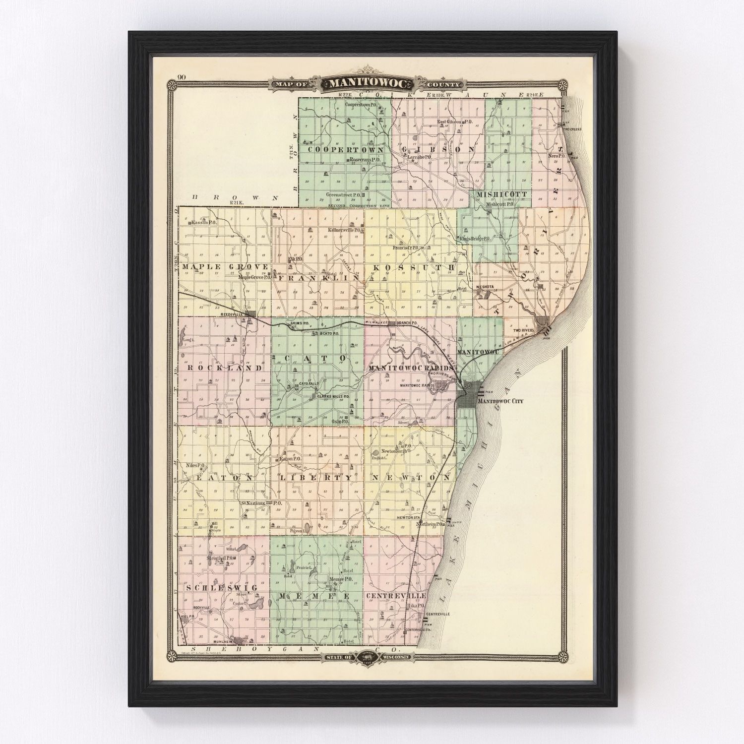 Vintage map of Manitowoc County, Wisconsin, 1878
