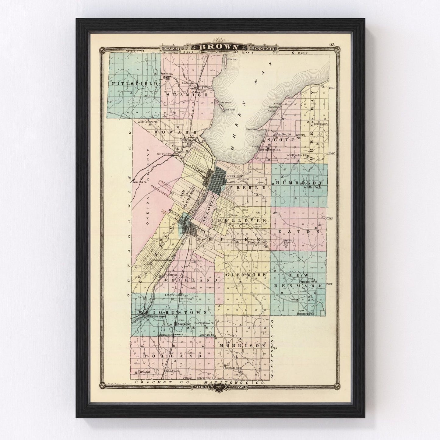 Vintage map of Brown County, Wisconsin, 1878, Green Bay and Lake Michigan