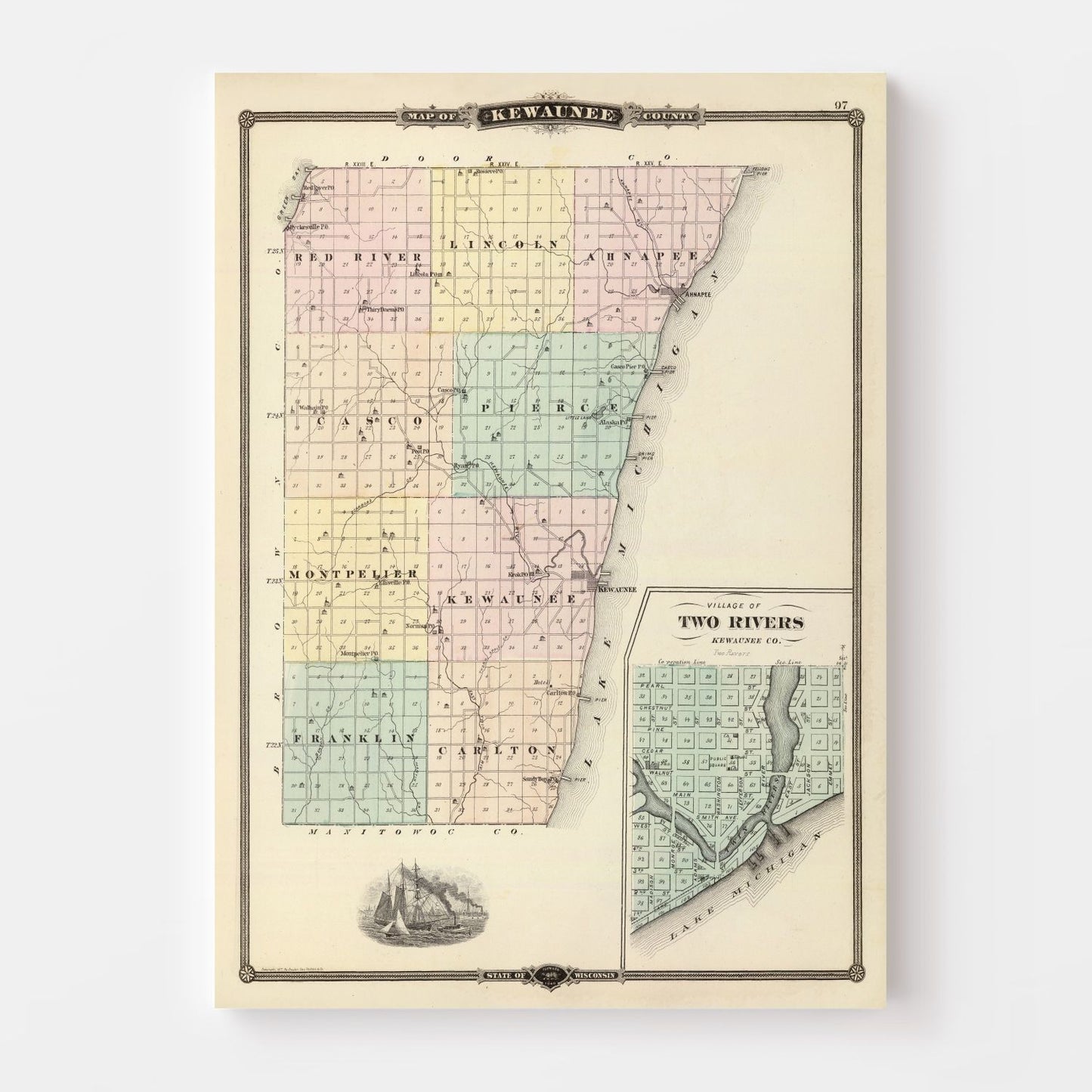 Vintage Map of Kewaunee County, Wisconsin, 1878