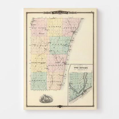 Vintage Map of Kewaunee County, Wisconsin, 1878