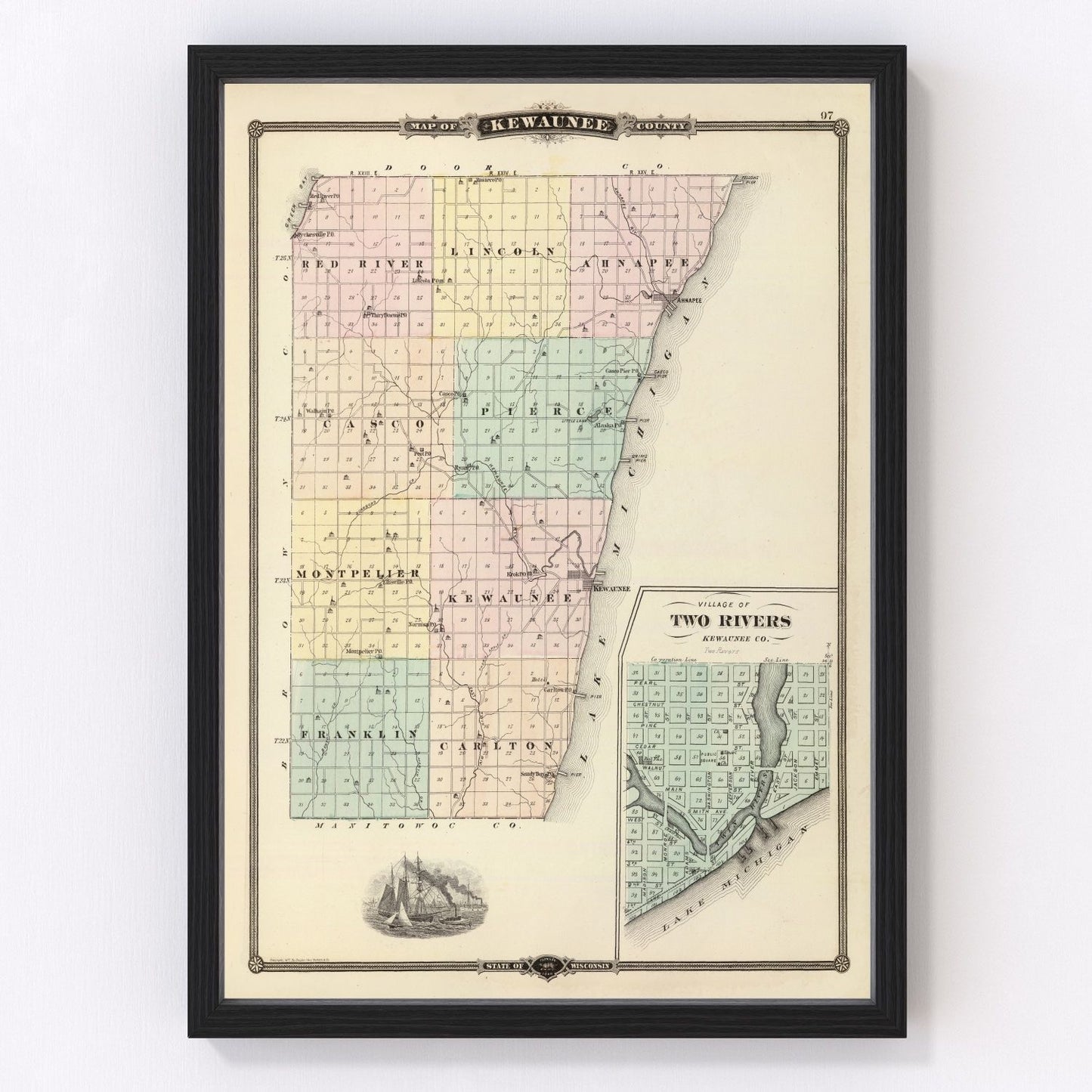 vintage map of Kewaunee County, Wisconsin, 1878
