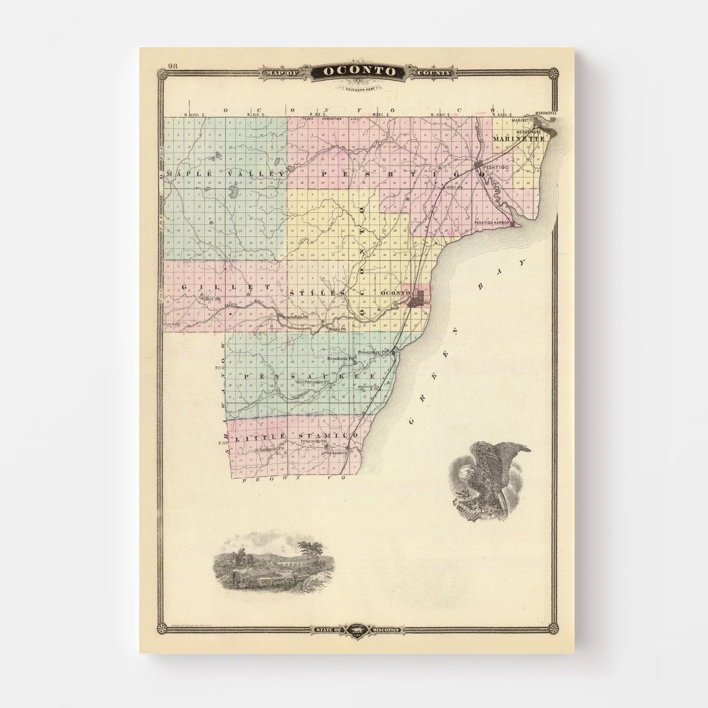 Vintage Map of Oconto County, Wisconsin, 1878