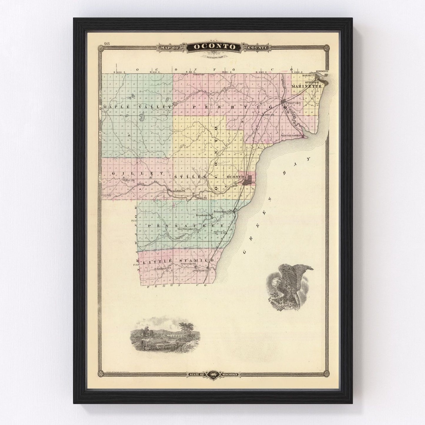 Vintage map of Oconto County, Wisconsin, 1878