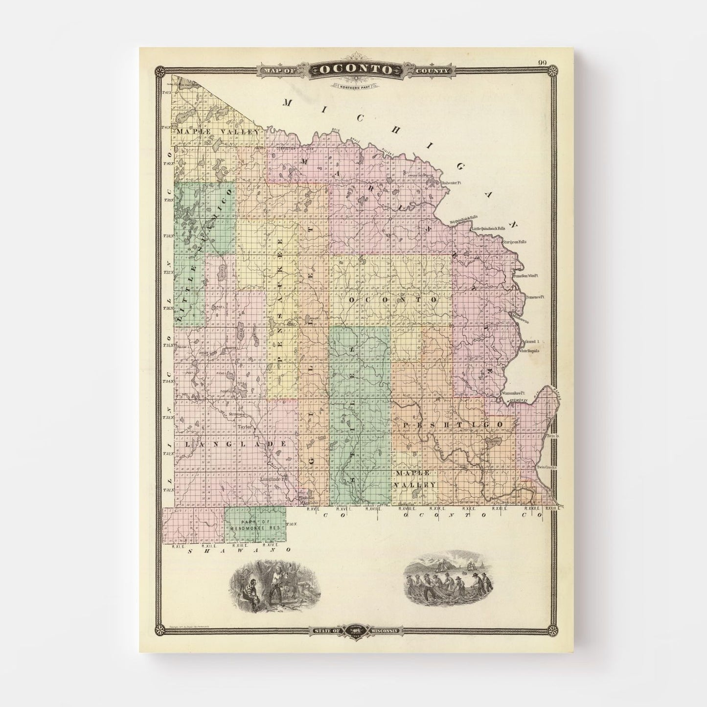 Vintage Map of Oconto County, Wisconsin, 1878