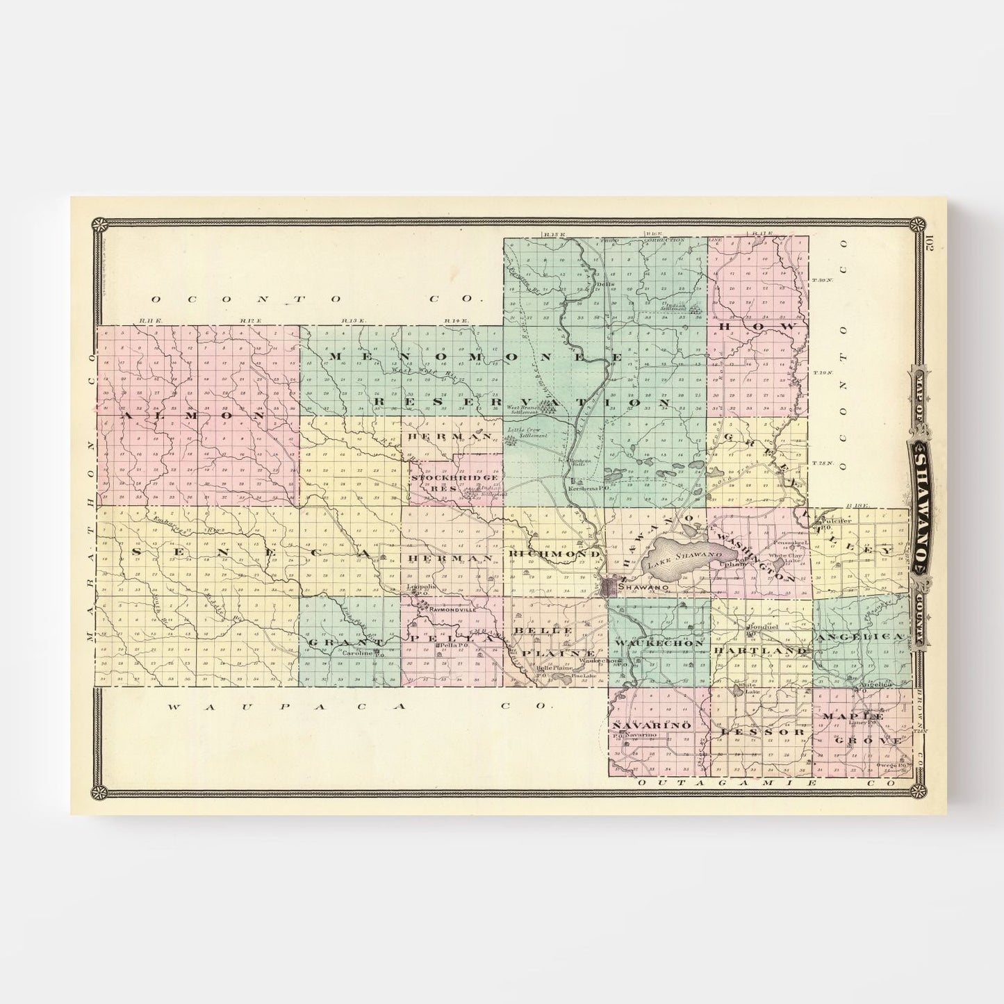 Vintage Map of Shawano County, Wisconsin, 1878