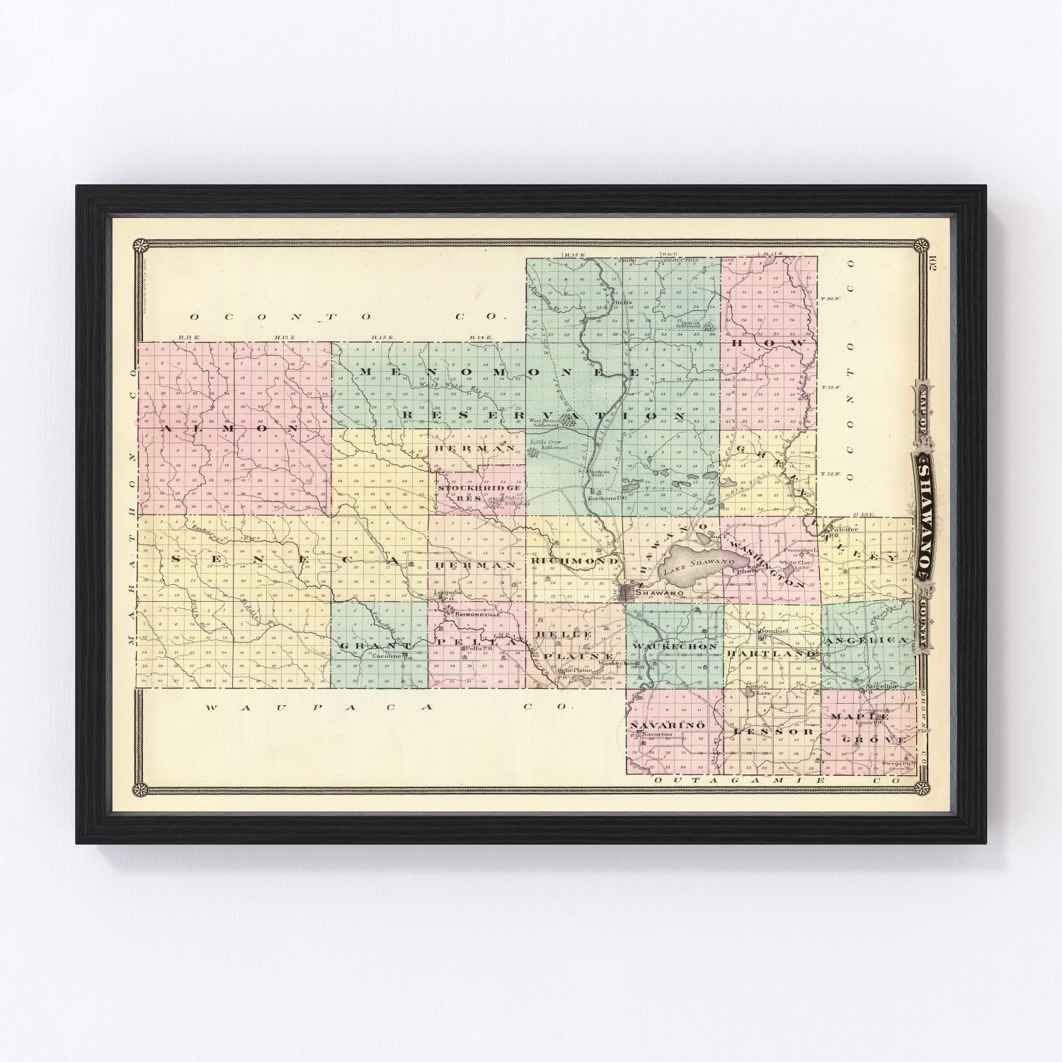 Vintage map of Shawano County, Wisconsin, 1878