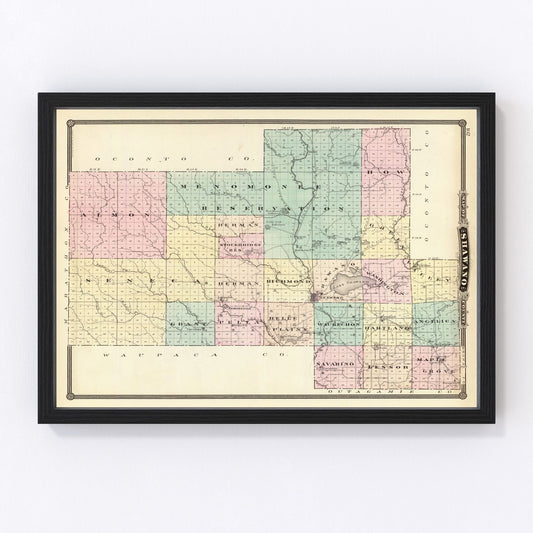 Vintage map of Shawano County, Wisconsin, 1878