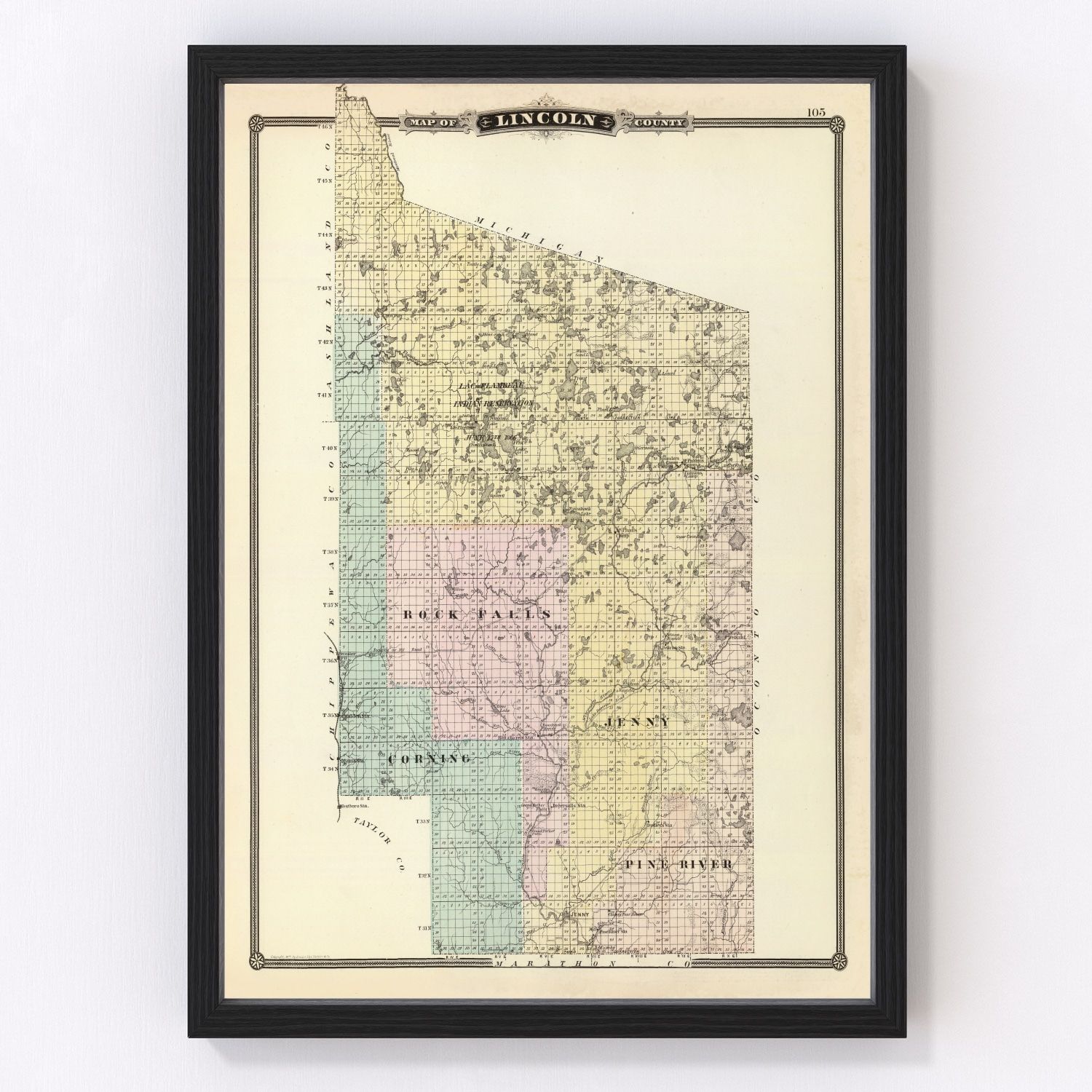 vintage map of Lincoln County, Wisconsin, Merrill and Tomahawk, 1878