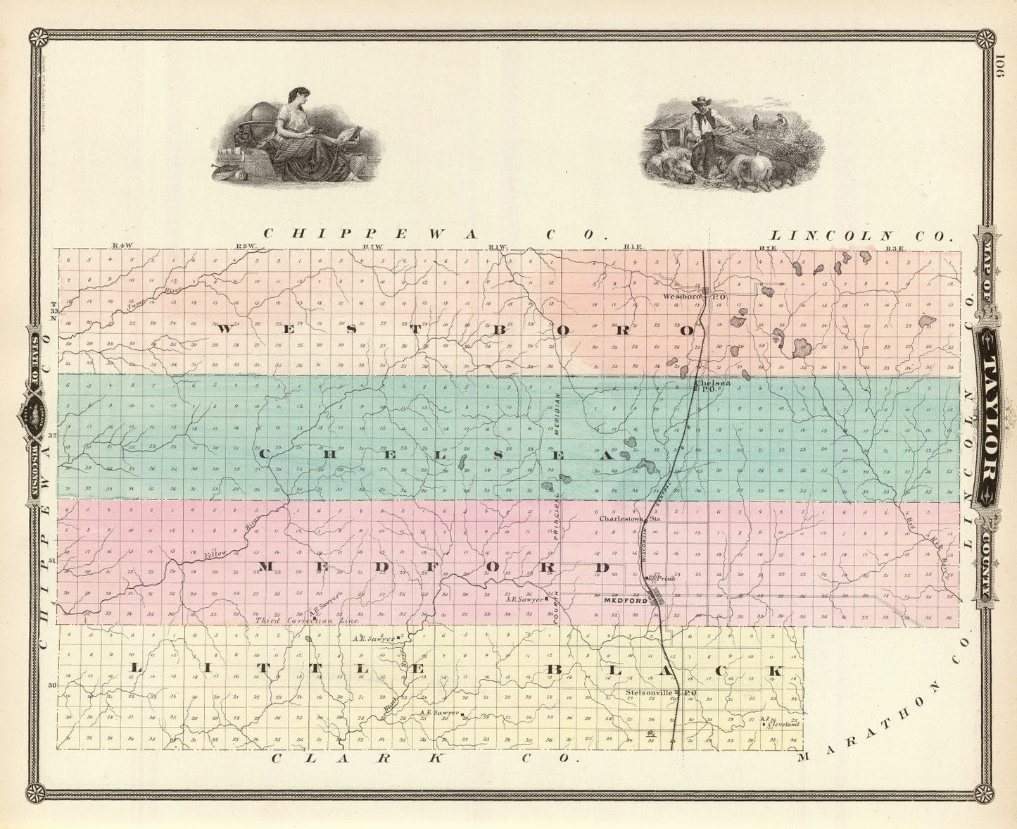 Vintage Map of Taylor County, Wisconsin, 1878