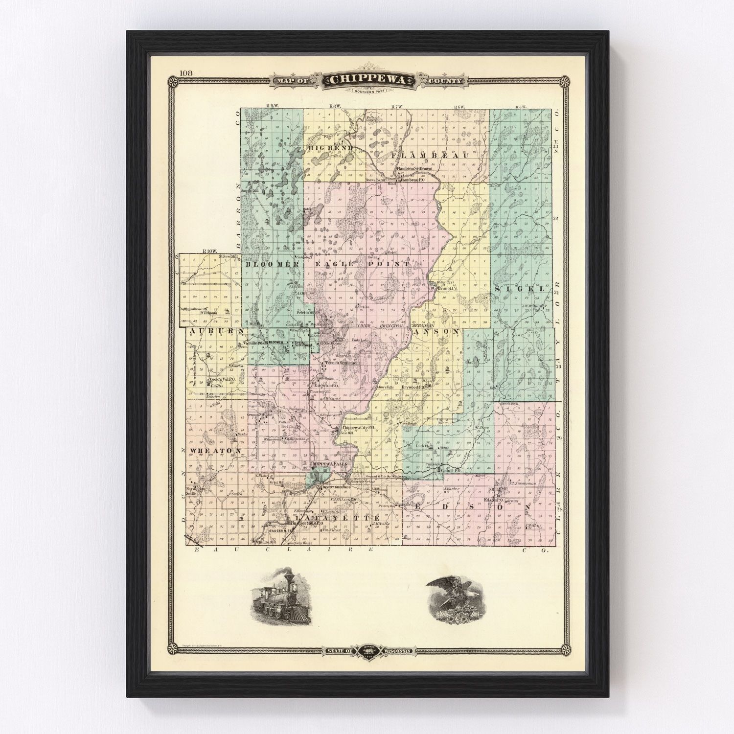 Vintage map of Chippewa County, Wisconsin, 1878, second edition, digitally restored