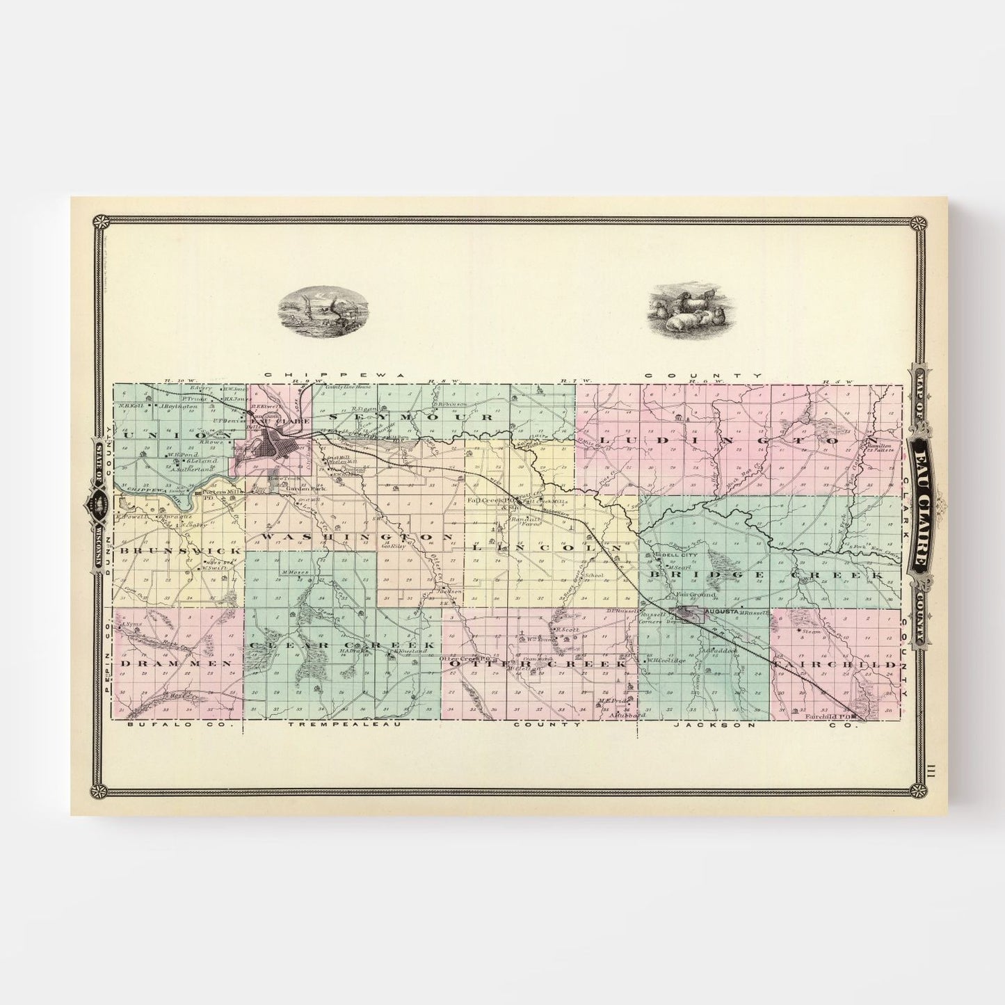 Vintage Map of Eau Claire County, Wisconsin, 1878 (Augusta)