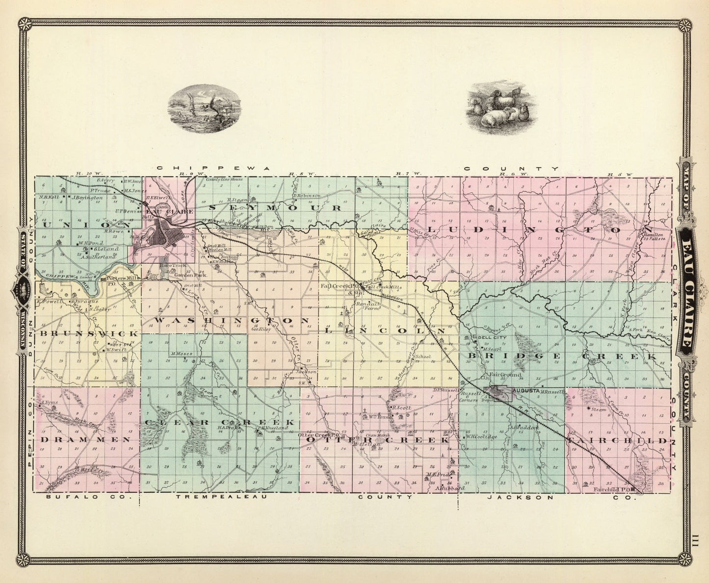 Vintage Map of Eau Claire County, Wisconsin, 1878 (Augusta)