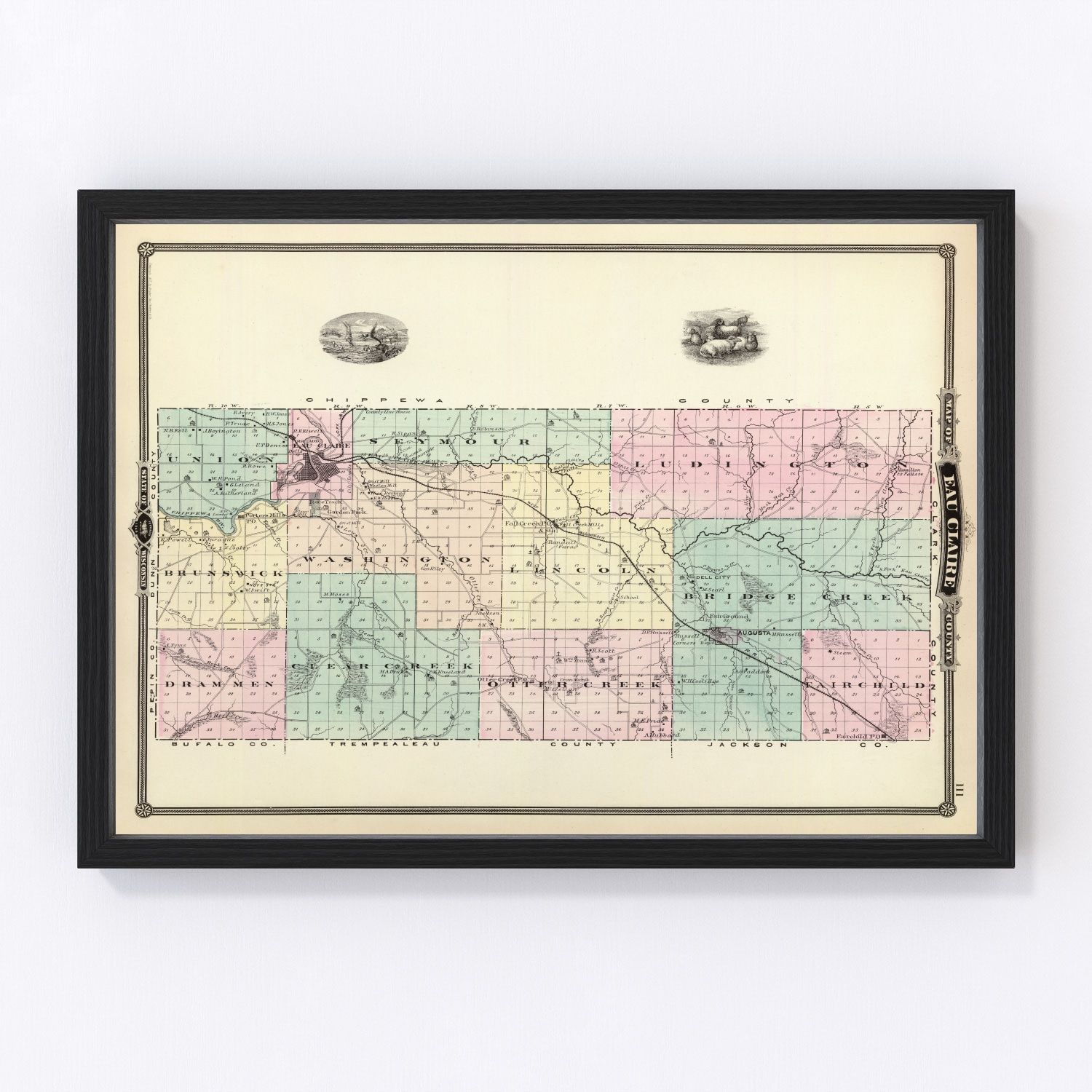 Vintage map of Eau Claire County, Wisconsin, 1878, Augusta