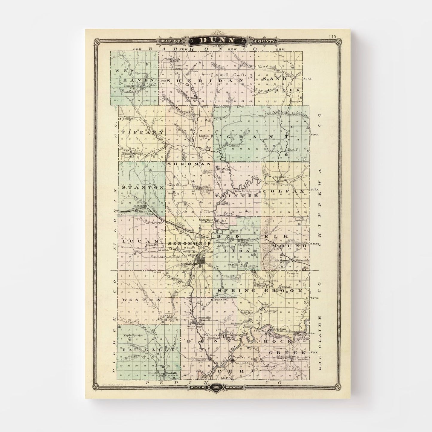 Vintage Map of Dunn County, Wisconsin, 1878