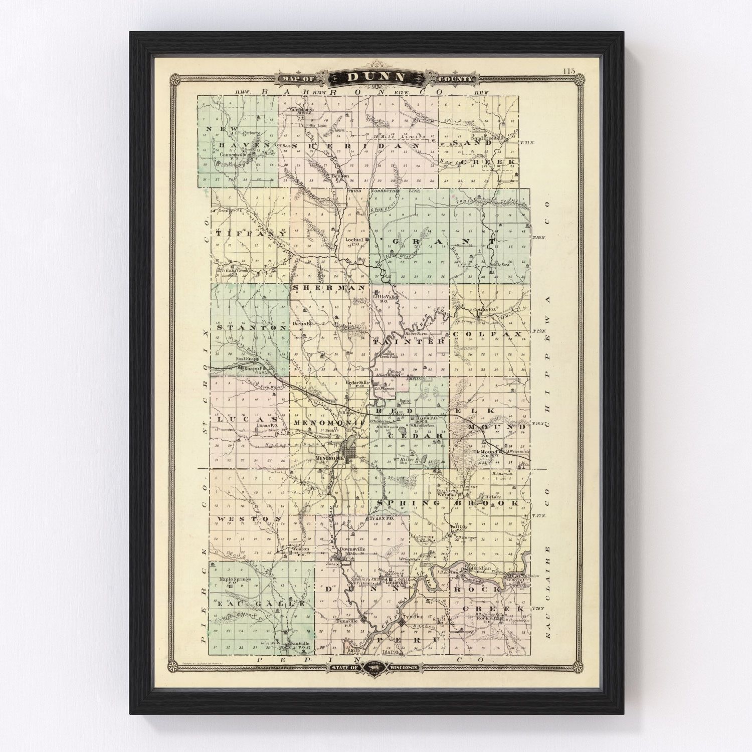 Vintage map of Dunn County, Wisconsin, 1878