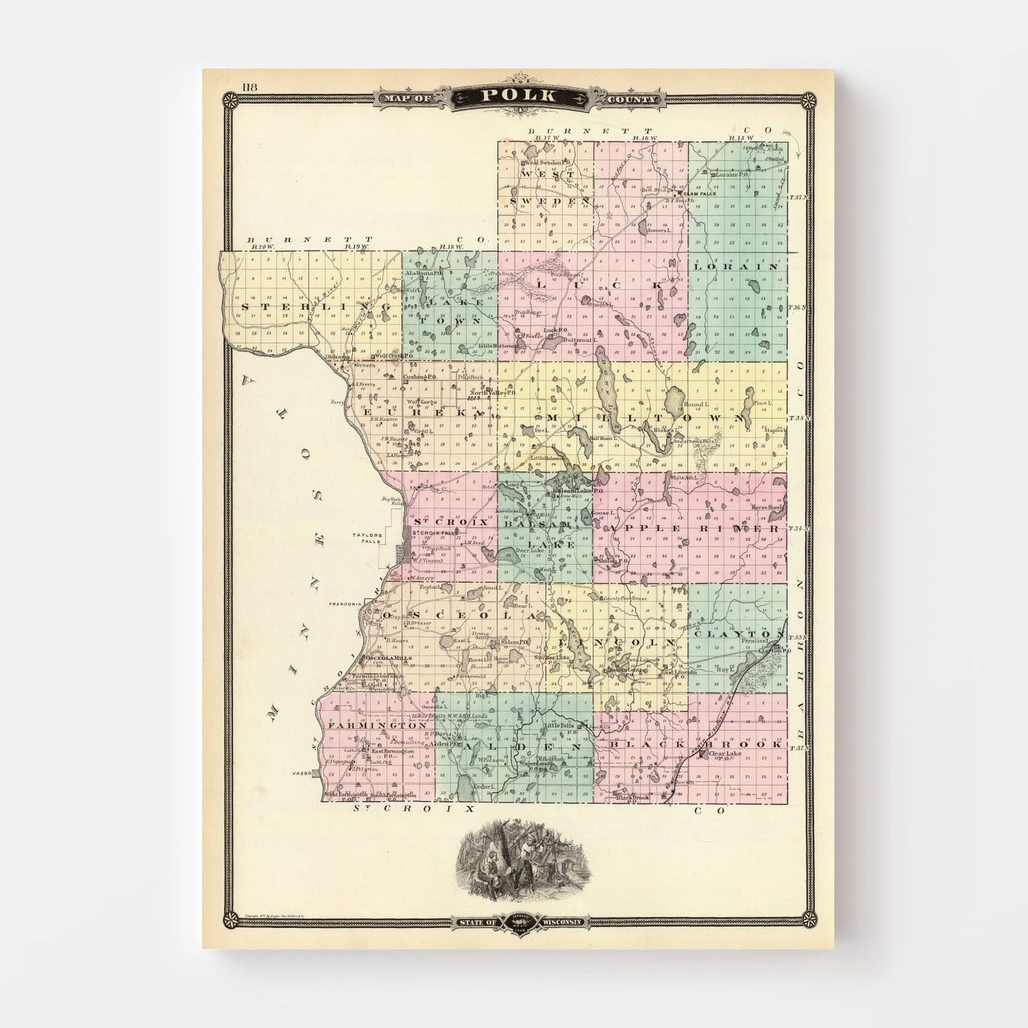 Vintage Map of Polk County, Wisconsin, 1878