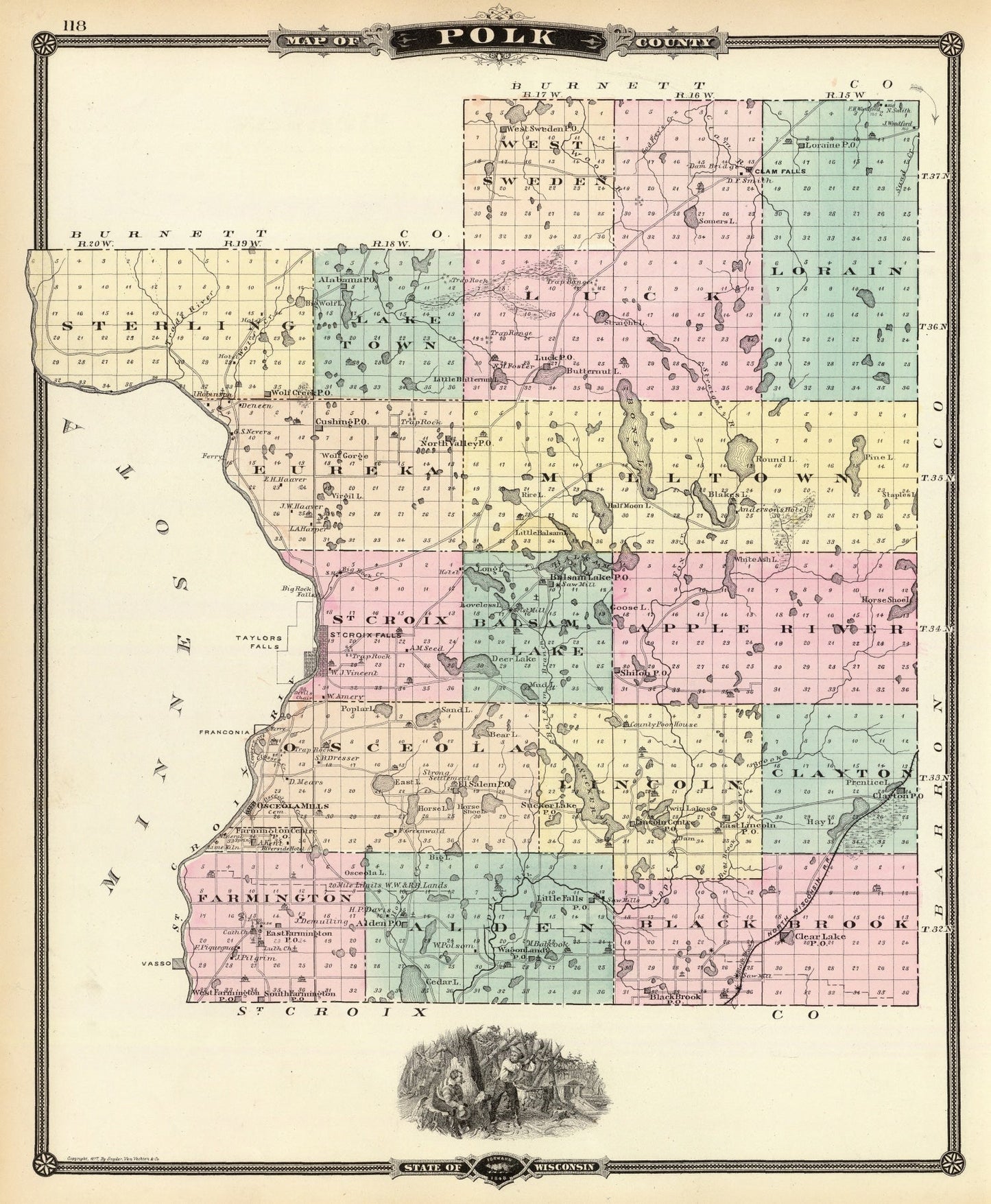 Vintage Map of Polk County, Wisconsin, 1878