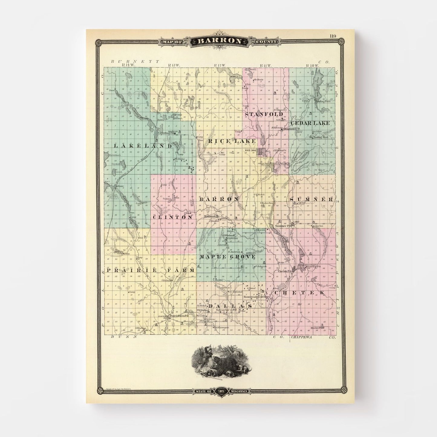 Vintage Map of Barron County, Wisconsin, 1878