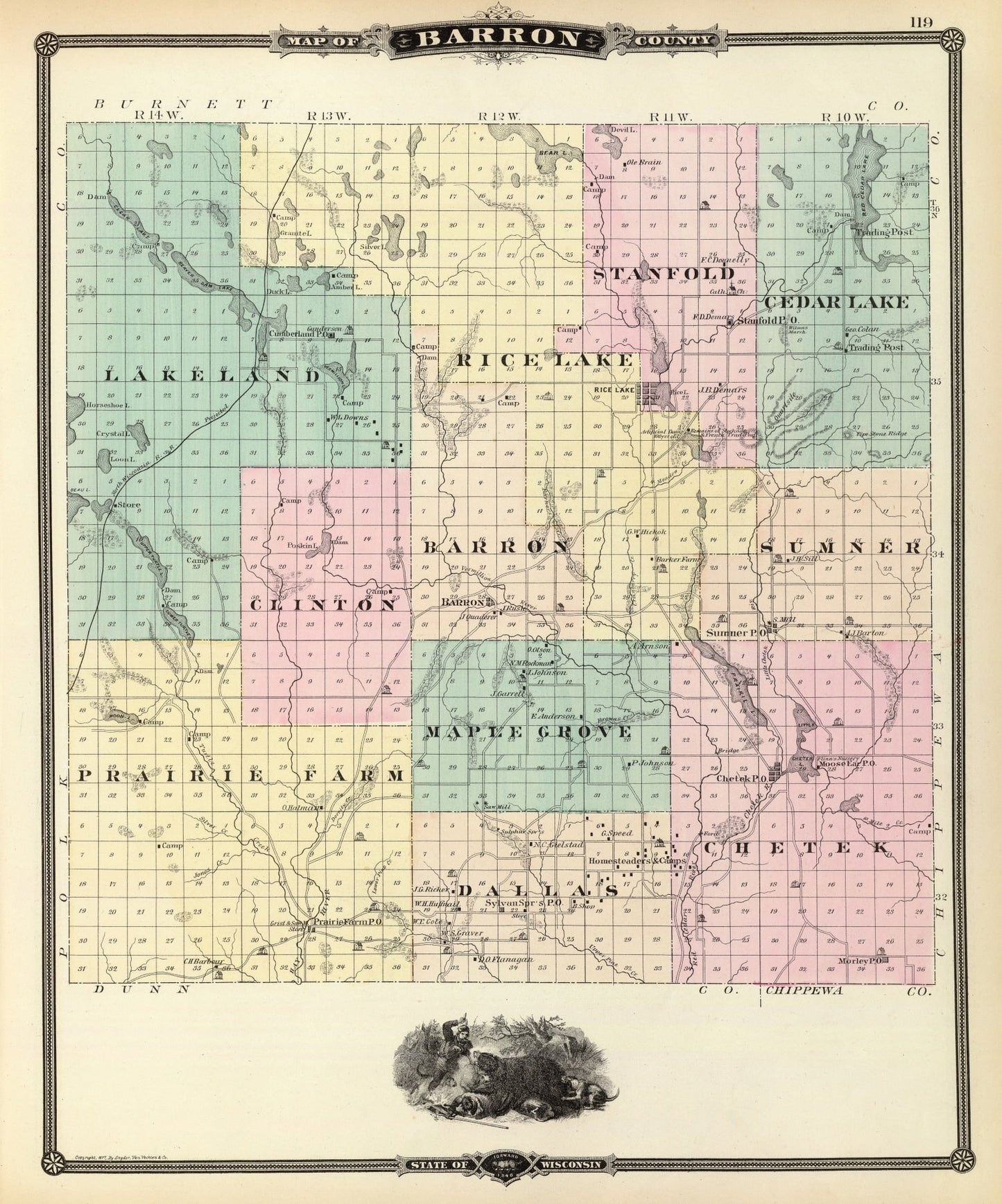 Vintage Map of Barron County, Wisconsin, 1878