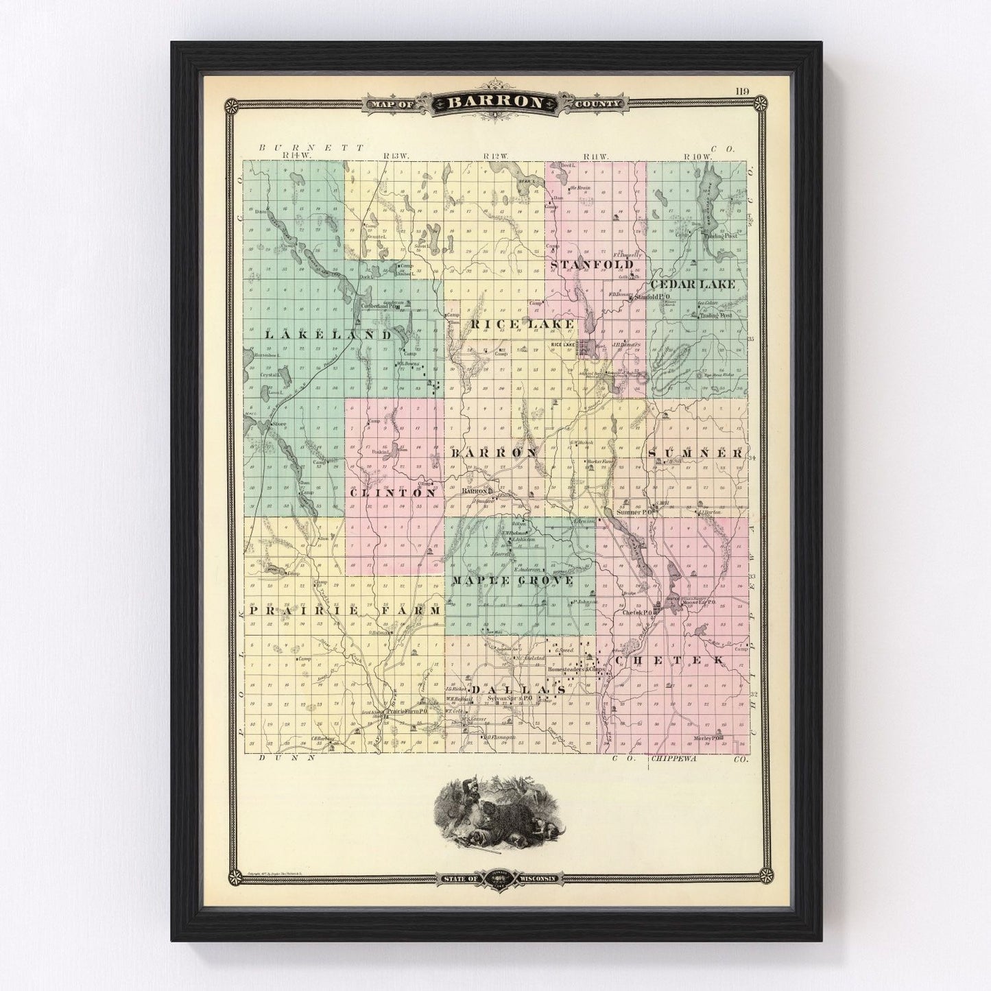 Vintage map of Barron County, Wisconsin, 1878