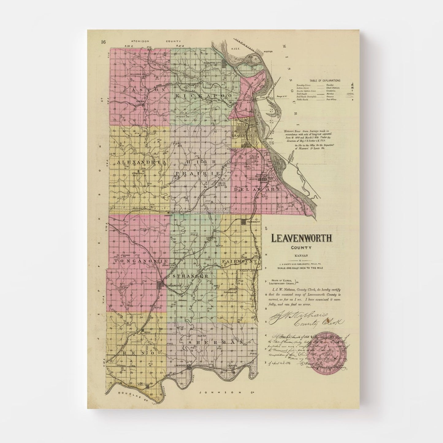 Vintage Map of Leavenworth County, Kansas, 1887