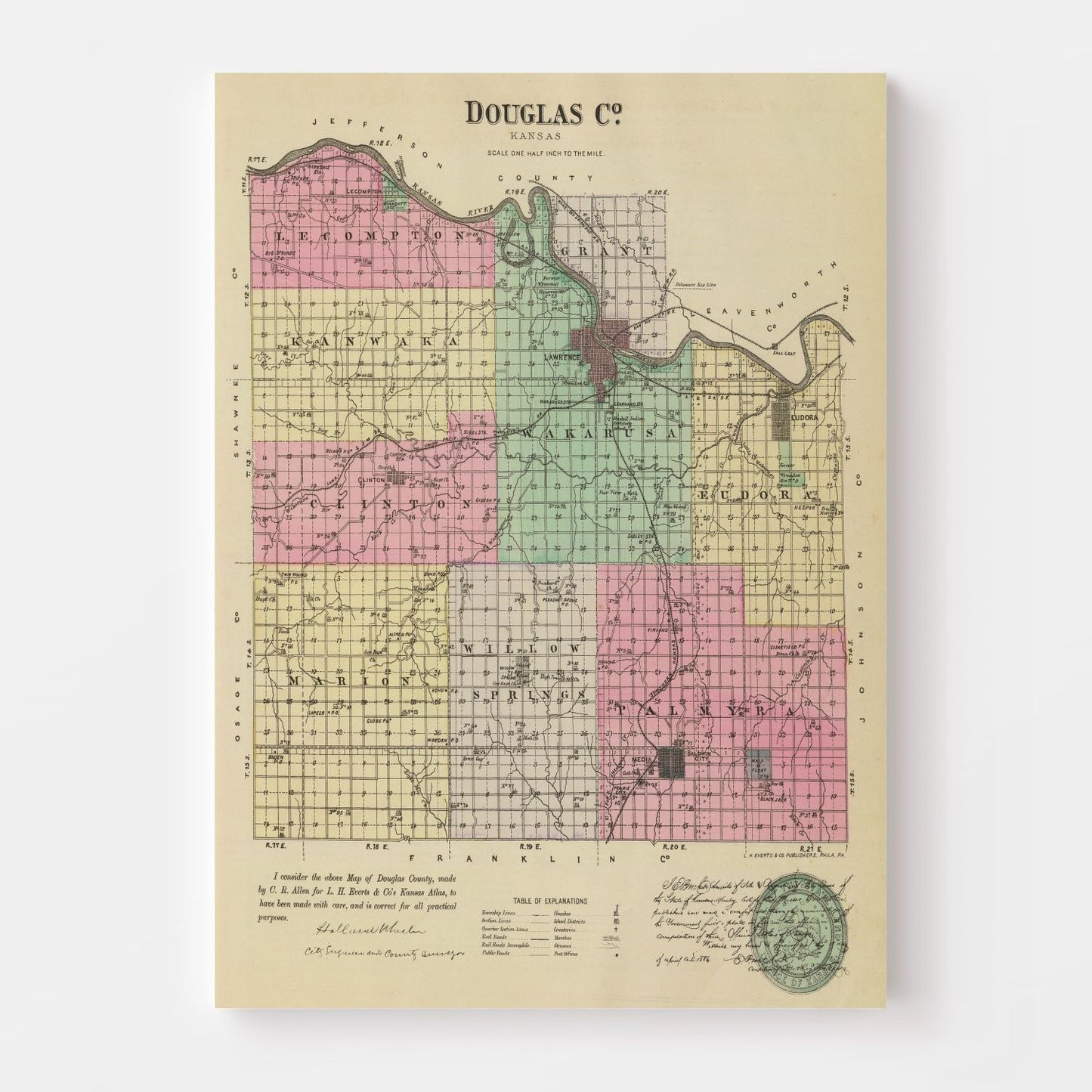 Vintage Map of Douglas County, Kansas, 1887