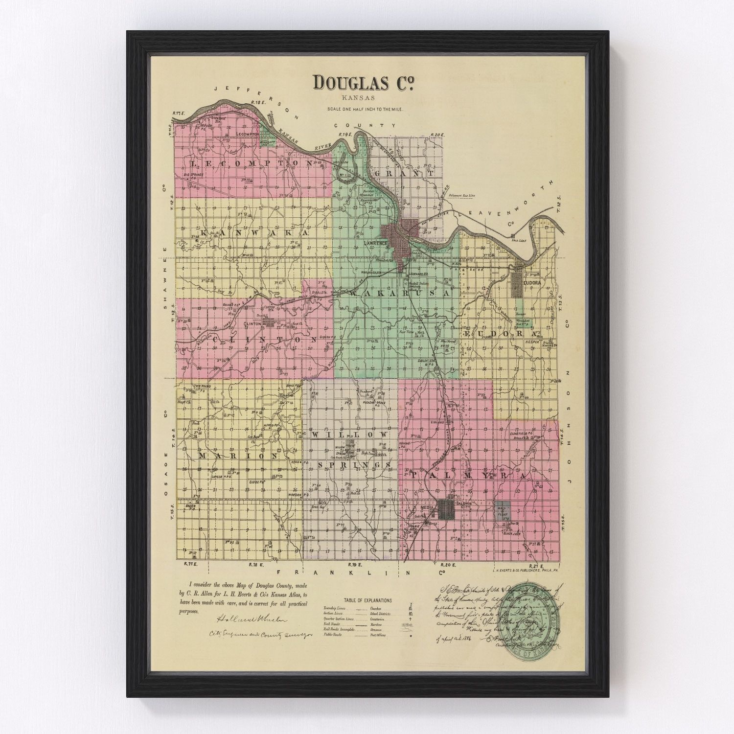 vintage map of Douglas County, Kansas, 1887