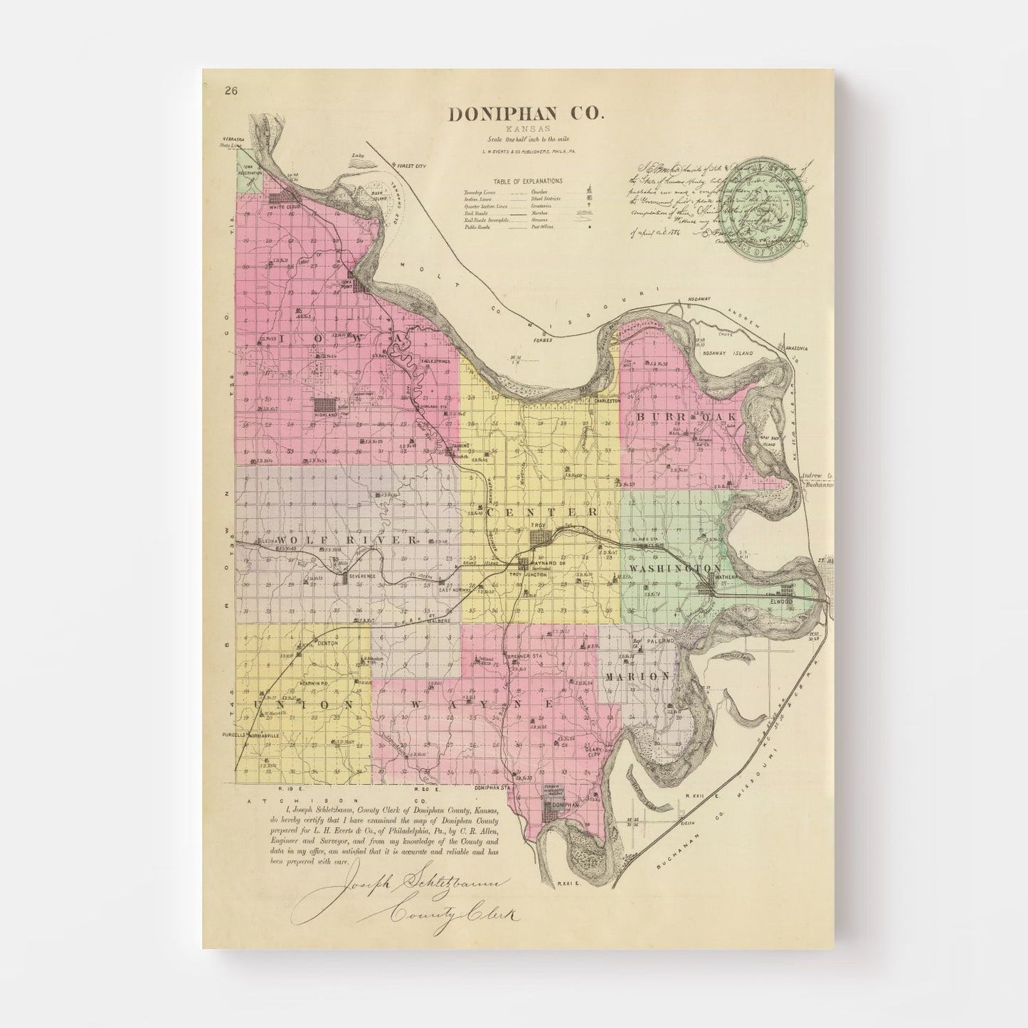 Vintage Map of Doniphan County, Kansas, 1887