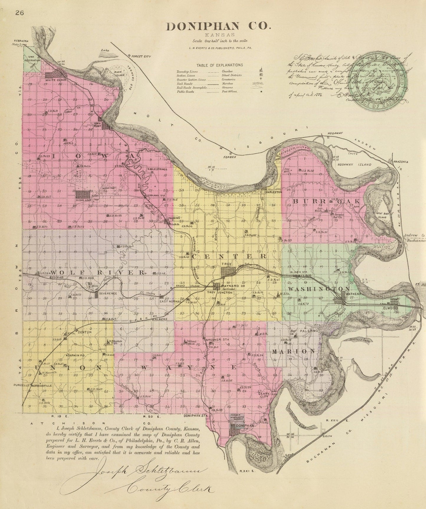 Vintage Map of Doniphan County, Kansas, 1887