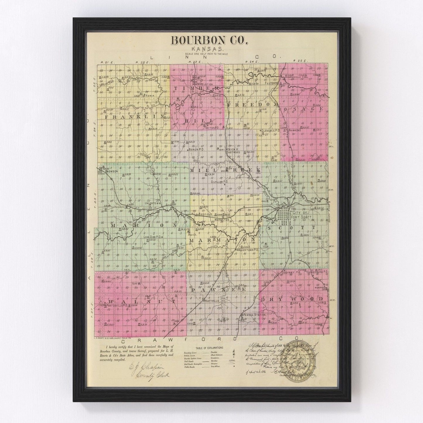 vintage map of Bourbon County, Kansas, 1887, restored print wall art