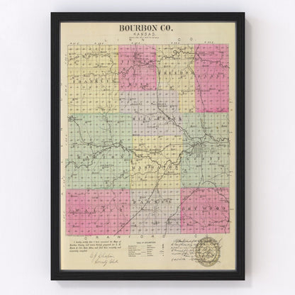 vintage map of Bourbon County, Kansas, 1887, restored print wall art