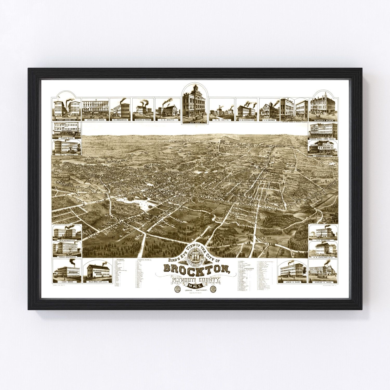 vintage map of Brockton Massachusetts 1882, restored print wall art