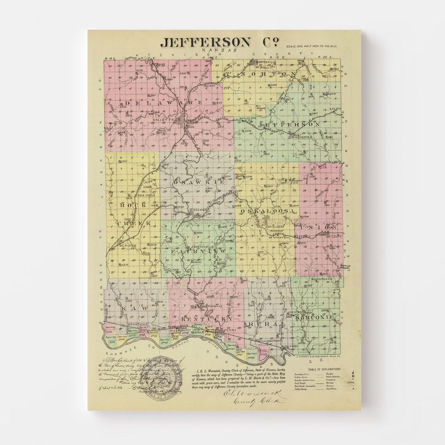 Vintage Map of Jefferson County, Kansas, 1887