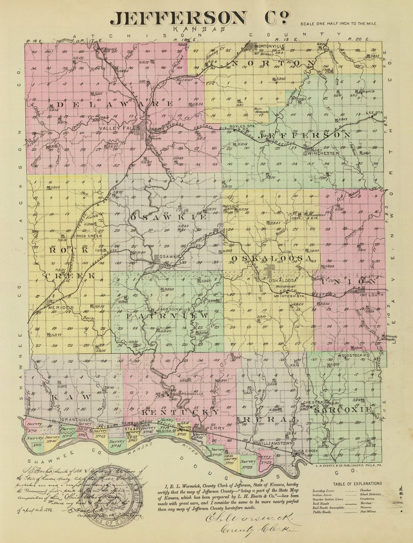 Vintage Map of Jefferson County, Kansas, 1887